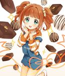  :d brown_hair chocolate drooling green_eyes hood hoodie idolmaster idolmaster_(classic) looking_at_viewer open_mouth overall_skirt sakuro short_hair smile solo striped striped_hoodie takatsuki_yayoi twintails 