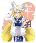  1girl blonde_hair blush breasts commentary_request eyelashes fox_tail gokuu_(acoloredpencil) hands_in_opposite_sleeves hat heart highres large_breasts looking_away multiple_tails slit_pupils solo speech_bubble tabard tail touhou valentine white_background wide_sleeves yakumo_ran yellow_eyes 