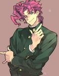  earrings gakuran green_eyes jewelry jojo_no_kimyou_na_bouken kakyouin_noriaki male_focus one_eye_closed pink_hair pointing school_uniform solo toujou_sakana 