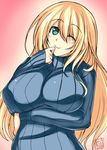  alternate_costume atago_(kantai_collection) blonde_hair blush breasts green_eyes kantai_collection large_breasts long_hair looking_at_viewer one_eye_closed ribbed_sweater smile solo sweater takeda_aranobu 