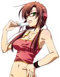  bad_id bad_pixiv_id breasts brown_hair camisole cleavage dripping evangelion:_2.0_you_can_(not)_advance food glasses green_eyes hand_on_hip headphones jpeg_artifacts licking long_hair makinami_mari_illustrious medium_breasts n52 navel neon_genesis_evangelion popsicle rebuild_of_evangelion shirt simple_background solo taut_clothes taut_shirt tongue twintails wristband 