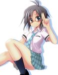  black_eyes black_hair glasses idolmaster idolmaster_(classic) idolmaster_2 kikuchi_makoto necktie plaid plaid_skirt rough_time_school salute school_uniform sen_(astronomy) skirt solo 