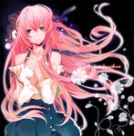  bad_id bad_pixiv_id bare_shoulders blue_eyes flower frilled_skirt frills garter_straps hair_ribbon hands_on_own_chest long_hair manyako_(mohumohu) megurine_luka open_mouth pink_hair ribbon skirt solo thighhighs vocaloid wind 
