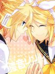  1girl bad_id bad_pixiv_id blonde_hair blue_eyes brother_and_sister closed_eyes colorized hair_ornament hairclip heart kagamine_len kagamine_rin profile short_hair siblings smile tamura_hiro touching twins vocaloid 