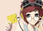  adjusting_eyewear bad_id bad_pixiv_id cellphone_charm digital_media_player face glasses green_eyes headphones nail_polish ocaca_(chocolate-hopper) original red_hair short_hair solo striped tank_top 