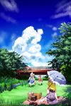  adapted_costume animal_ears bad_feet bare_shoulders barefoot blonde_hair bridge cat_ears chen chopsticks clog_sandals cloud day fox_tail grass handheld_game_console hat highres koha long_hair multiple_girls nintendo_ds obentou outdoors parasol picnic sitting sky stream tail touhou tree umbrella water yakumo_ran yakumo_yukari yokozuwari 