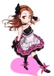  black_bow black_gloves black_legwear blush boots bow brown_eyes brown_hair choker dress elbow_gloves from_above full_body gloves hair_bow hairband highres idolmaster idolmaster_(classic) idolmaster_2 legs long_hair looking_at_viewer minase_iori pink_bow ribbon shoe_bow shoes simple_background solo thighhighs ttomm 