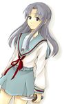  asakura_ryouko bad_id bad_pixiv_id black_eyes grey_hair highres kita_high_school_uniform knife long_hair school_uniform serafuku solo suzumiya_haruhi_no_yuuutsu ukigumo 