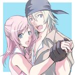  1girl :d bad_id bad_pixiv_id bandana blonde_hair blue_eyes couple final_fantasy final_fantasy_xiii gloves hetero holding_hands lowres microspace open_mouth pink_hair serah_farron smile snow_villiers 