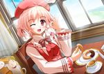  agnes_boulange beret blush cat curtains doughnut food hat kareru_(karluv) one_eye_closed open_mouth pink_eyes pink_hair short_hair shukufuku_no_campanella smile solo tango_(shukufuku_no_campanella) window 