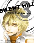  birthday blonde_hair brown_eyes engrish heather_mason hood hoodie kurononekojyo lowres ranguage short_hair silent_hill silent_hill_3 sleeveless sleeveless_turtleneck solo turtleneck 