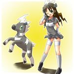  blitzle brown_hair gen_5_pokemon gloves green_eyes kneehighs moemon panties personification pokemon pokemon_(creature) socks striped striped_panties tenjou_ryuka underwear 