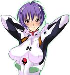  ahoge arms_up ayanami_rei baba_arumi bad_id bad_pixiv_id blue_hair blush bodysuit breasts large_breasts neon_genesis_evangelion plugsuit red_eyes short_hair simple_background smile solo upper_body 