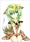  animal_ears aqua_eyes between_legs border braid dress fox_ears green_hair hair_over_shoulder original ribbon saitou_kon shingetsu_takehito sitting solo tail twin_braids v_arms wariza 