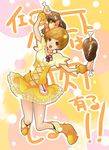  :d boned_meat brown_eyes brown_hair choker cosplay cure_pine cure_pine_(cosplay) food fresh_precure! hair_ornament heart heart_hair_ornament highres magical_girl meat nishiuri_warito open_mouth orange_choker persona persona_4 precure satonaka_chie smile solo 