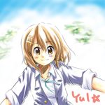  brown_eyes brown_hair coat hirasawa_yui k-on! open_clothes open_coat san-pon school_uniform short_hair solo 