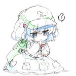  ? backpack bag blue_eyes blue_hair chibi chin_grab frown hair_bobbles hair_ornament hand_on_own_face hat jitome kawashiro_nitori key oka_(bananashoe) sketch solo thinking touhou traditional_media two_side_up 