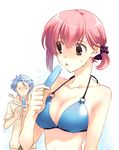  1girl bad_id bad_pixiv_id bikini_top blue_hair breasts brown_eyes cleavage error food medium_breasts o-ring o-ring_top pink_hair polydactyly popsicle protagonist_(tokimemo_gs3) shitara_seiji short_hair swimsuit tokimeki_memorial tokimeki_memorial_girl's_side_3rd_story trough_shell twintails 