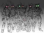  antennae belt glowing glowing_eyes greyscale kamen_rider kamen_rider_1 kamen_rider_2 kamen_rider_amazon kamen_rider_amazon_(series) kamen_rider_stronger kamen_rider_stronger_(series) kamen_rider_v3 kamen_rider_v3_(series) kamen_rider_x kamen_rider_x_(series) monochrome multiple_boys nakano_haito riderman scarf 