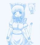  :d animal_ears bad_id bad_pixiv_id blue cat_ears chibi fukuji_mihoko heterochromia kirigaya_yuuji maid monochrome open_mouth saki smile solo tail 