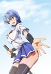  ahoge blue_eyes blue_hair cloud day hair_ornament hairclip hattori_junko ichiban_ushiro_no_daimaou kamoroosaazu outstretched_hand school_uniform short_hair solo sword thighhighs weapon 