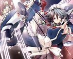  braid flying foreshortening highres izayoi_sakuya knife maid maid_headdress midair motion_blur purple_eyes short_hair silver_hair smile solo tea_set touhou twin_braids yukari_(konekonekozou) 