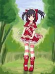  :3 bingsang black_hair boots capelet cosplay dress grimm's_fairy_tales hood kooh little_red_riding_hood little_red_riding_hood_(grimm) little_red_riding_hood_(grimm)_(cosplay) pangya red_capelet red_eyes ribbon short_hair short_twintails solo striped striped_legwear thighhighs twintails 