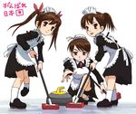  apron brown_eyes brown_hair curling curling_stone fang hair_up maid maid_headdress meow_(nekodenki) multiple_girls original ponytail translation_request twintails 