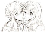  blush dominia_yizkor elhaym_van_houten gekka_kaguya_(urabata) greyscale holding_hands licking long_hair monochrome multiple_girls pointy_ears sketch smile tongue xenogears yuri 