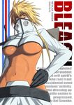  arrancar bleach blonde_hair blue_eyes breasts dark_skin espada gloves hand_on_hip kei-suwabe large_breasts long_hair midriff navel sheath sheathed solo sword text_focus tier_harribel underboob weapon 