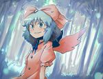  blue_eyes blue_hair daitai_konna_kanji face forest hair_ribbon mai_(touhou) nature ribbon smile solo touhou touhou_(pc-98) wings 