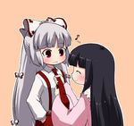  adjusting_clothes adjusting_necktie black_hair blush bow dressing_another fujiwara_no_mokou hair_bow houraisan_kaguya joey_hanma long_hair multiple_girls necktie red_eyes silver_hair touhou 