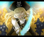  alternate_costume bai_lao_shu black_legwear blonde_hair buckle epaulettes glasses hat long_hair pantyhose perrine_h_clostermann pirate pirate_hat solo strike_witches sword weapon world_witches_series yellow_eyes 
