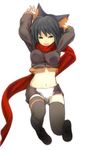  ahoge animal_ears bad_id bad_pixiv_id black_hair breasts face green_eyes kiki_(koba) large_breasts midriff navel ocaca_(chocolate-hopper) original red_scarf scarf short_hair shorts solo thighhighs 