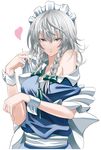  blush braid green_eyes heart izayoi_sakuya kuramunatchu maid maid_headdress off_shoulder short_hair silver_hair solo touhou twin_braids 