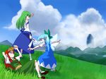  blue_eyes blue_hair book bow chinese_clothes cirno covering_eyes detached_sleeves grass green_hair hair_bow hisou_tensoku hong_meiling kansuke_(bubuduke) kochiya_sanae landscape large_bow long_hair looking_afar lying multiple_girls no_hat no_headwear pointing red_hair river short_hair socks touhou touhou_hisoutensoku white_legwear wings 