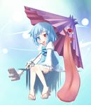  :p bare_legs blue_eyes blue_hair full_body geta heterochromia karakasa_obake miniskirt purple_umbrella razy_(skuroko) red_eyes short_hair skirt solo tatara_kogasa tongue tongue_out touhou umbrella 