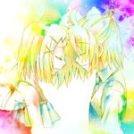  1girl adolescence_(vocaloid) arihara_ema blonde_hair brother_and_sister cendrillon_(vocaloid) colorful forehead-to-forehead kagamine_len kagamine_rin profile siblings smile twins vocaloid 