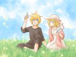  1girl aqua_eyes bad_id bad_pixiv_id blonde_hair cape hat kagamine_len kagamine_rin ribbon ryou_(fallxalice) shuujin/kami_hikouki_(vocaloid) vocaloid 