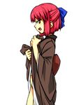  bottomless dress dress_lift fang hair_ribbon half_updo japanese_clothes kimono kohaku naughty_face pink_hair ribbon solo squemezzo tsukihime yellow_eyes 