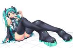  boots green_eyes green_hair hair_ornament handheld_game_console hatsune_miku imazon legs long_hair necktie panties playstation_portable skirt solo striped striped_panties thigh_boots thighhighs twintails underwear very_long_hair vocaloid 