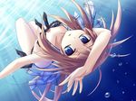  bikini blue_eyes brown_hair bubble downblouse freediving frilled_bikini frills from_above front-tie_top ina_(inadahime) long_hair looking_up open_mouth original side-tie_bikini solo swimming swimsuit underwater upside-down water 