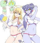  :o angel angel_and_devil angel_wings armband astaroth_(shinrabanshou) bad_id bad_pixiv_id ball bikini black_sclera blonde_hair blue_eyes blue_hair blue_skin breasts character_request cleavage demon_girl demon_tail earrings halo hand_on_hip heart heart_earrings horns jewelry large_breasts lipstick long_hair makeup manjiro multiple_girls navel one_eye_closed open_mouth pointy_ears shinrabanshou simple_background smile swimsuit tail volleyball white_background wings yellow_eyes 