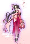  black_hair cherry_blossoms egasumi fan flower highres japanese_clothes kimono long_hair negi_(ulog'be) okobo ponytail red_eyes ribbon smile solo tabi vocaloid vy1 