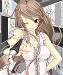  breasts brown_hair dress foreshortening highres medium_breasts muso-comet original pen recursion red_eyes solo 