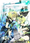  1girl aqua_eyes bad_id bad_pixiv_id blonde_hair brother_and_sister hair_ornament hair_ribbon hairclip headphones kagamine_len kagamine_rin microphone ribbon shiromeshi short_hair siblings smile twins vocaloid 