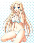  barefoot bikini blonde_hair blue_eyes blush breasts carina_verritti cleavage coupytwo earrings front-tie_top hair_ornament hairclip jewelry kneeling large_breasts long_hair necklace shukufuku_no_campanella smile solo swimsuit 
