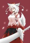  animal_ears bad_id bad_pixiv_id detached_sleeves doseisan_(dosei-san) glaring hakama hat highres inubashiri_momiji japanese_clothes red_eyes short_hair silver_hair simple_background solo sword tail tokin_hat touhou weapon wolf_ears wolf_tail 