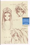  2girls absurdres arche_klein artbook character_chart cless_alvein copyright_name earrings fujishima_kousuke hat headband highres jewelry long_hair mint_adenade monochrome multiple_girls ponytail scan short_hair sketch smile tales_of_(series) tales_of_phantasia traditional_media 