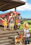  absurdres brown_hair child dog eijima_moko ground_vehicle highres holding_hands legs multiple_girls original shiba_inu train train_station twintails waving 